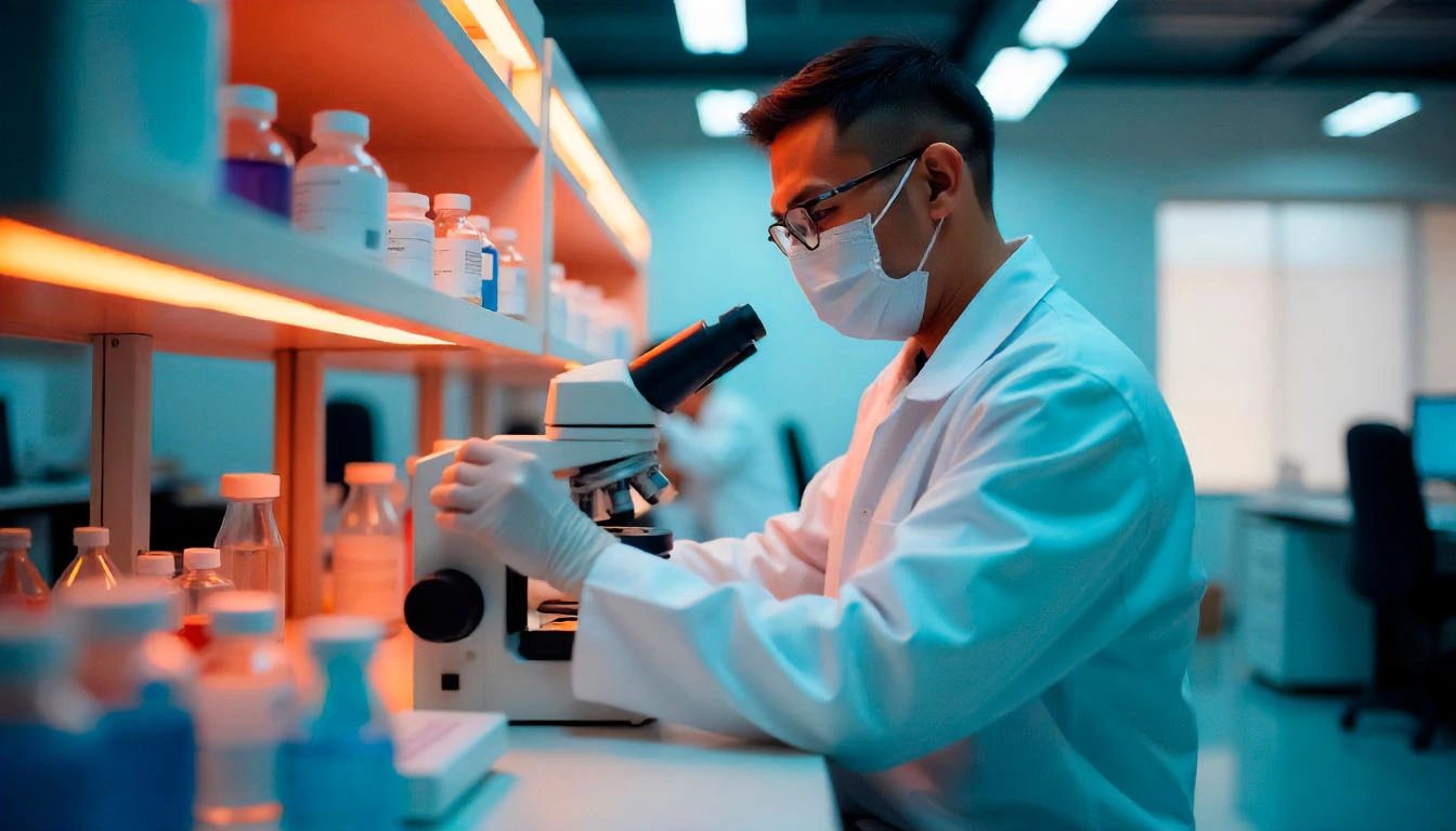 Profesional en patología analizando una muestra en un microscopio; viste bata blanca de laboratorio.