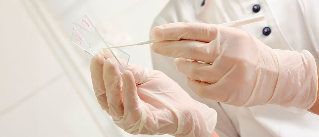 Experto en citología manipulando instrumentos para practicar una citología, porta guantes de látex como blanco.